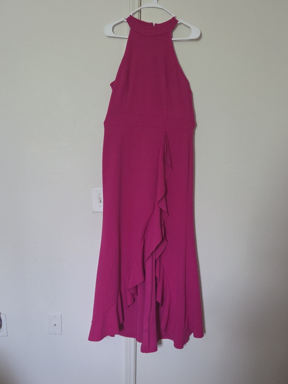 Halter Neck Ruffle-Front Maxi Dress in Fuchsia